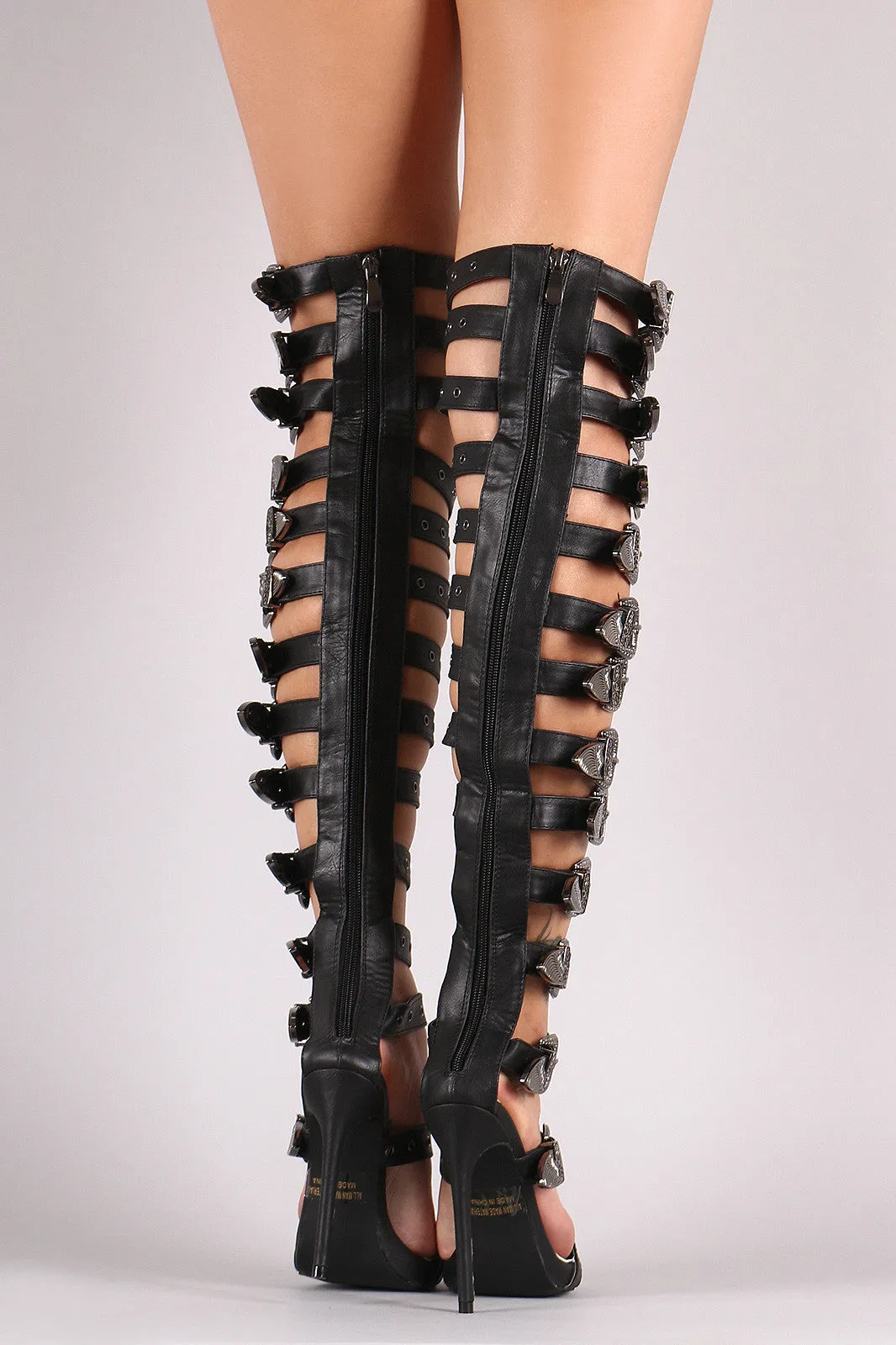 Strappy Buckled Grommets Thigh High Gladiator Heel