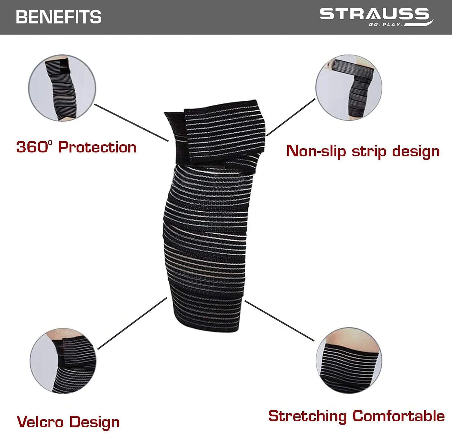 STRAUSS Elastic Knee Compression Bandage Wraps Support Black (Pack of 2)