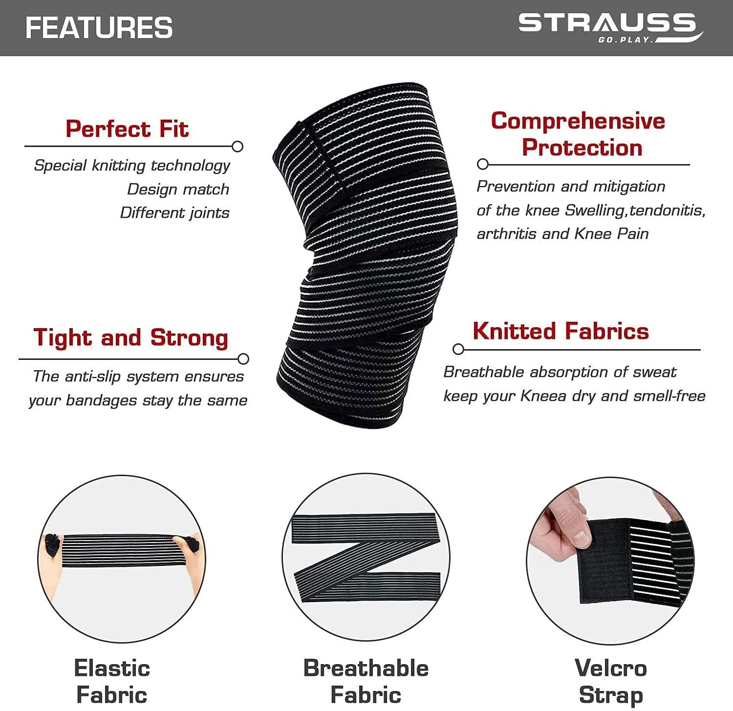 STRAUSS Elastic Knee Compression Bandage Wraps Support Black (Pack of 2)