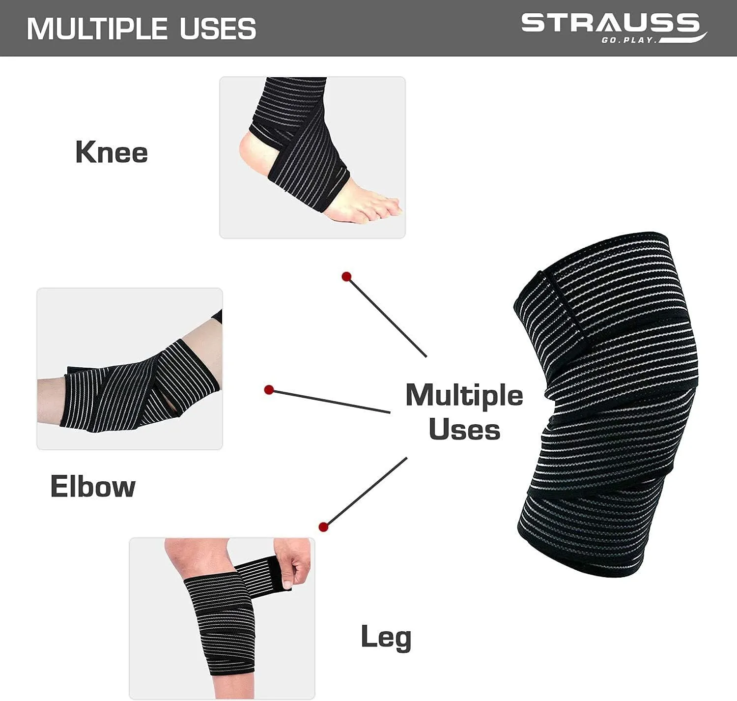 STRAUSS Elastic Knee Compression Bandage Wraps Support Black (Pack of 2)