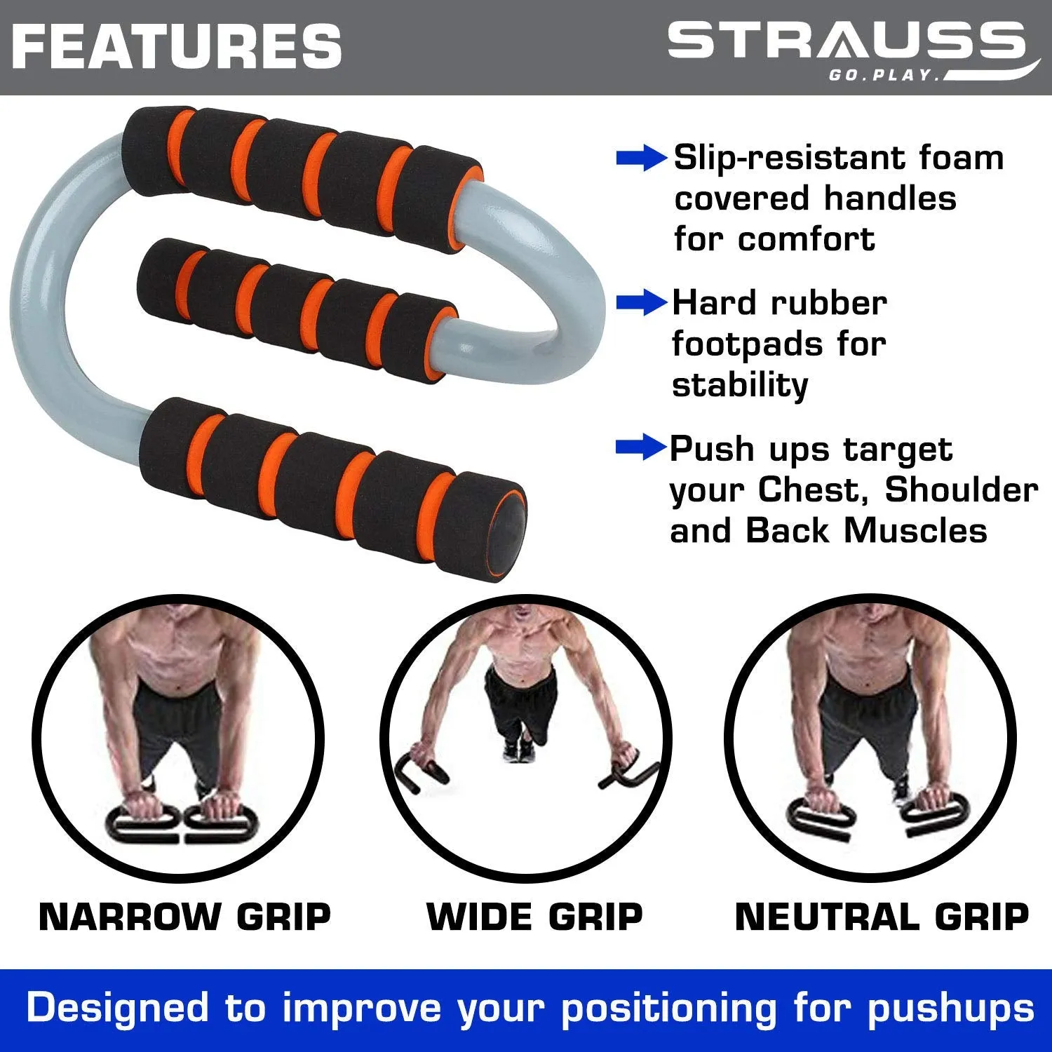 Strauss ST Cotton Gym Support, Pair (Black), S Shape Push Up Bar, Pair (Black/Orange)