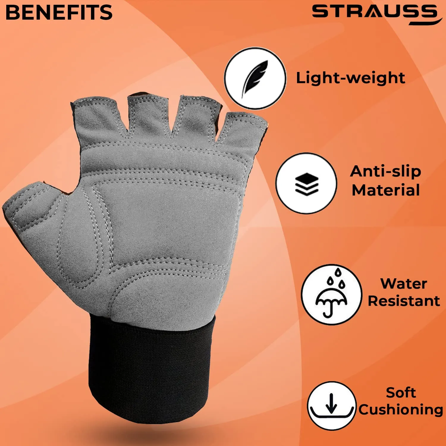 STRAUSS Suede Gym Gloves for Weightlifting, Training, Cycling, Exercise & Gym | Half Finger Design, 8mm Foam Cushioning, Anti-Slip & Breathable Lycra Material, (Grey/Black), (Medium)