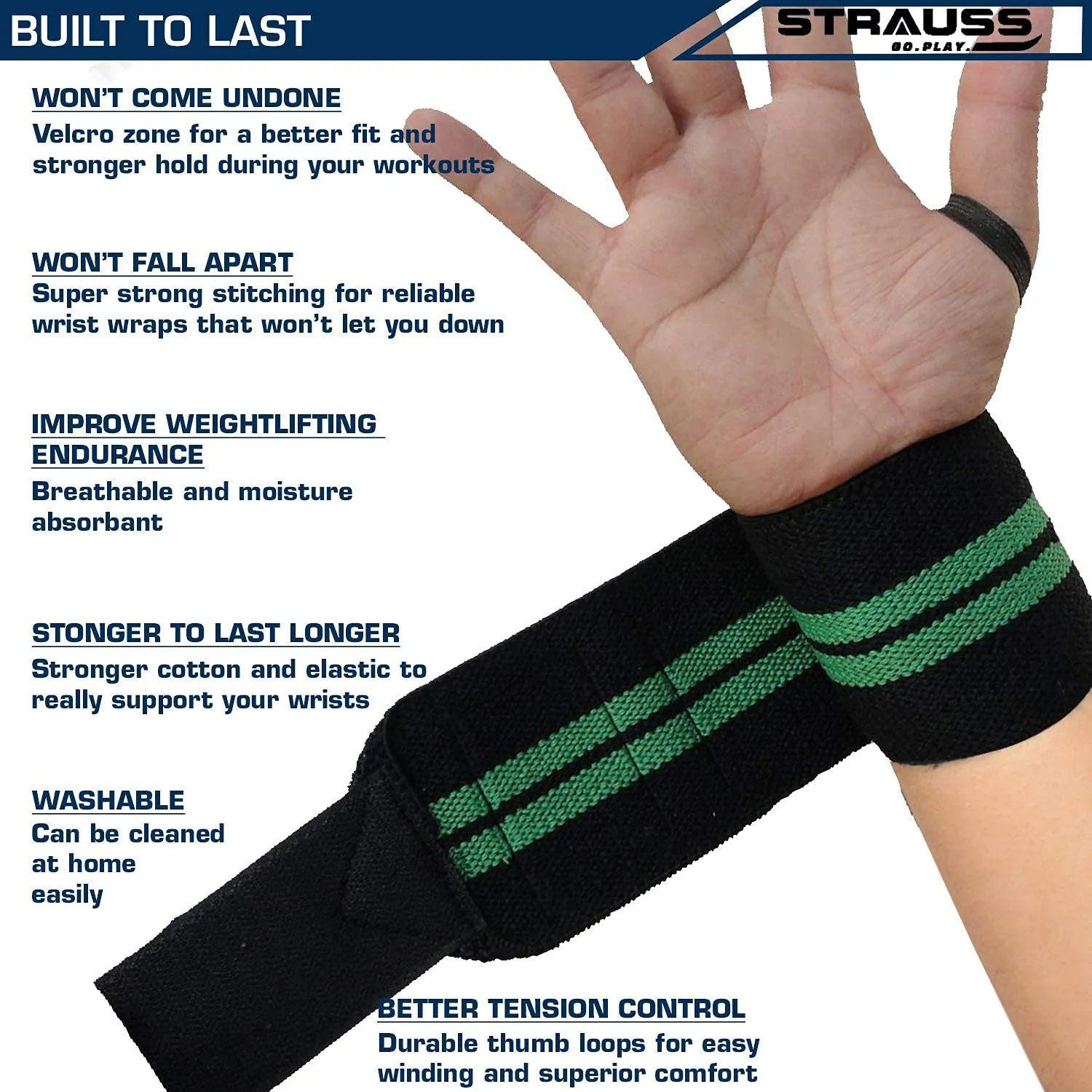 STRAUSS WL Cotton Wrist Supporter with Thumb Loop Straps & Closures for Gym, Workouts & Strength Training| Adjustable & Breathable with Powerful Velcro & Soft Material, (Black/Green)