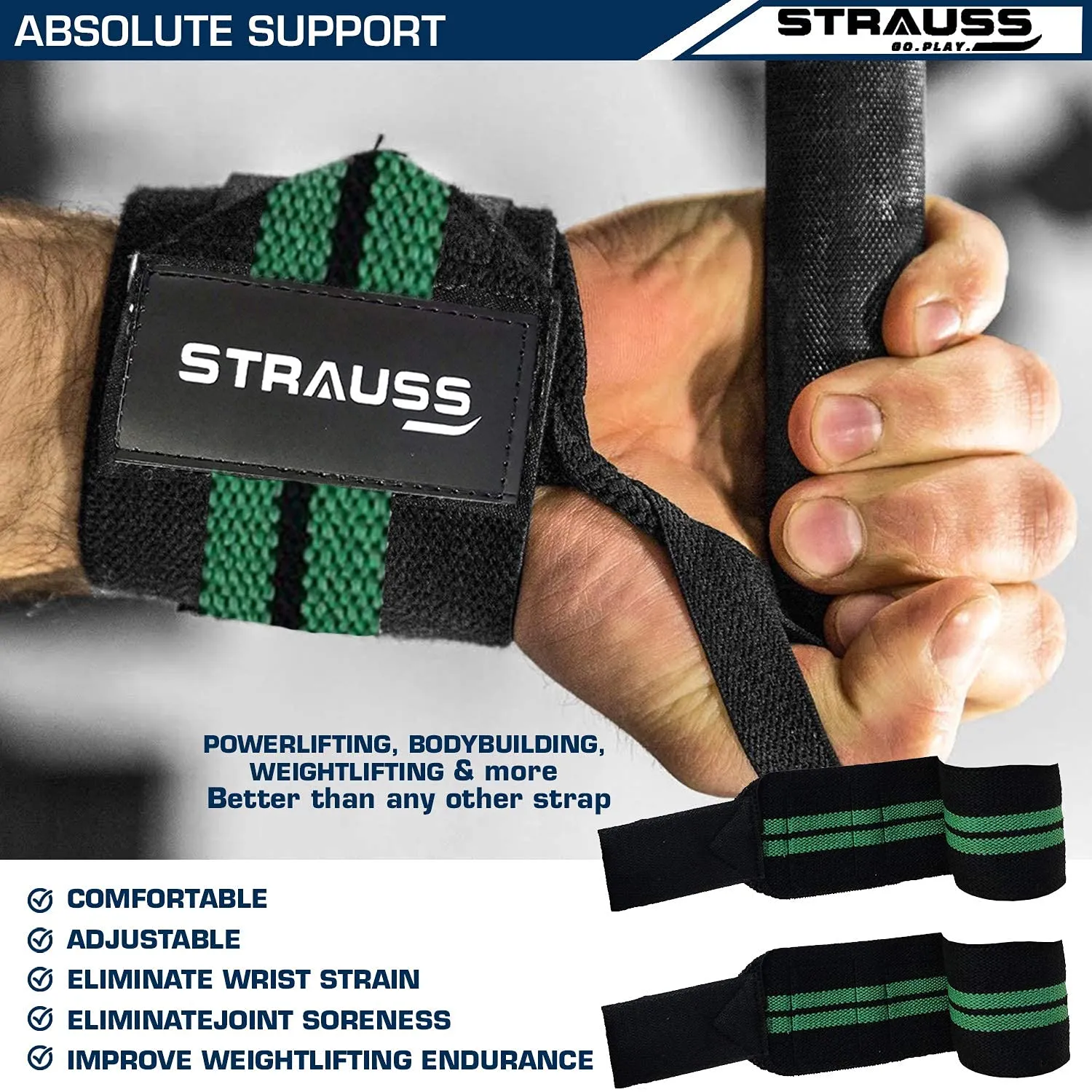 STRAUSS WL Cotton Wrist Supporter with Thumb Loop Straps & Closures for Gym, Workouts & Strength Training| Adjustable & Breathable with Powerful Velcro & Soft Material, (Black/Green)