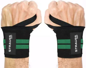 STRAUSS WL Cotton Wrist Supporter with Thumb Loop Straps & Closures for Gym, Workouts & Strength Training| Adjustable & Breathable with Powerful Velcro & Soft Material, (Black/Green)