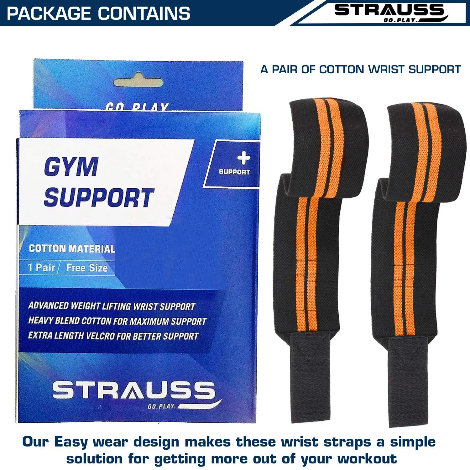 Strauss WL Cotton Wrist Supporter with Thumb Loop Straps & Closures for Gym, Workouts & Strength Training| Adjustable & Breathable with Powerful Velcro & Soft Material, (Black/Orange)