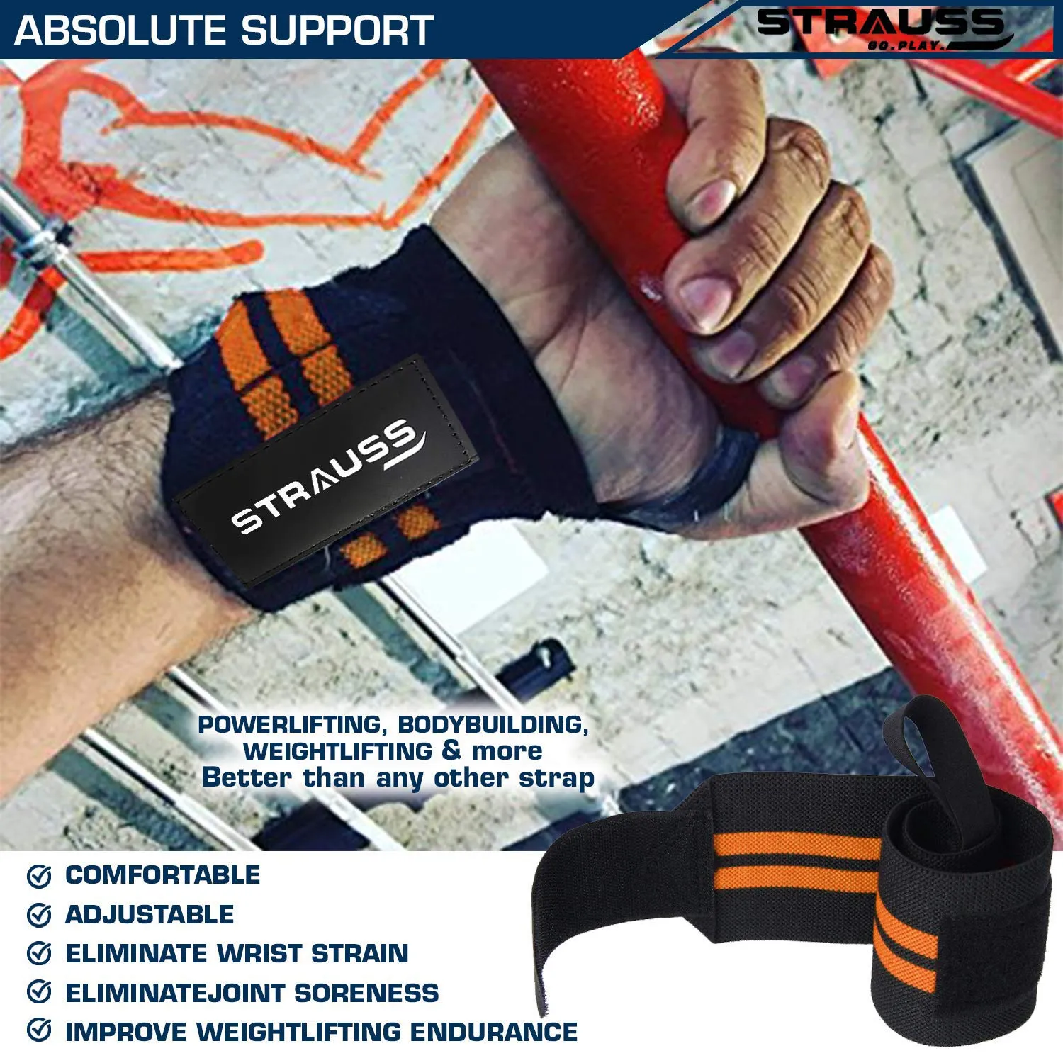 Strauss WL Cotton Wrist Supporter with Thumb Loop Straps & Closures for Gym, Workouts & Strength Training| Adjustable & Breathable with Powerful Velcro & Soft Material, (Black/Orange)