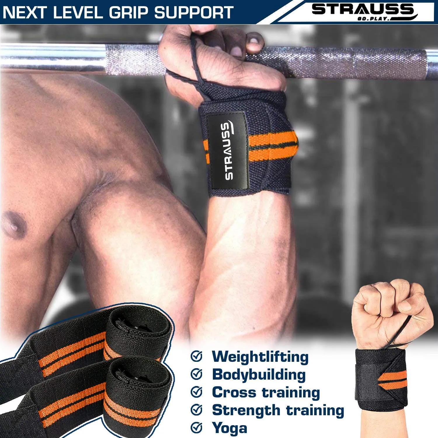 Strauss WL Cotton Wrist Supporter with Thumb Loop Straps & Closures for Gym, Workouts & Strength Training| Adjustable & Breathable with Powerful Velcro & Soft Material, (Black/Orange)