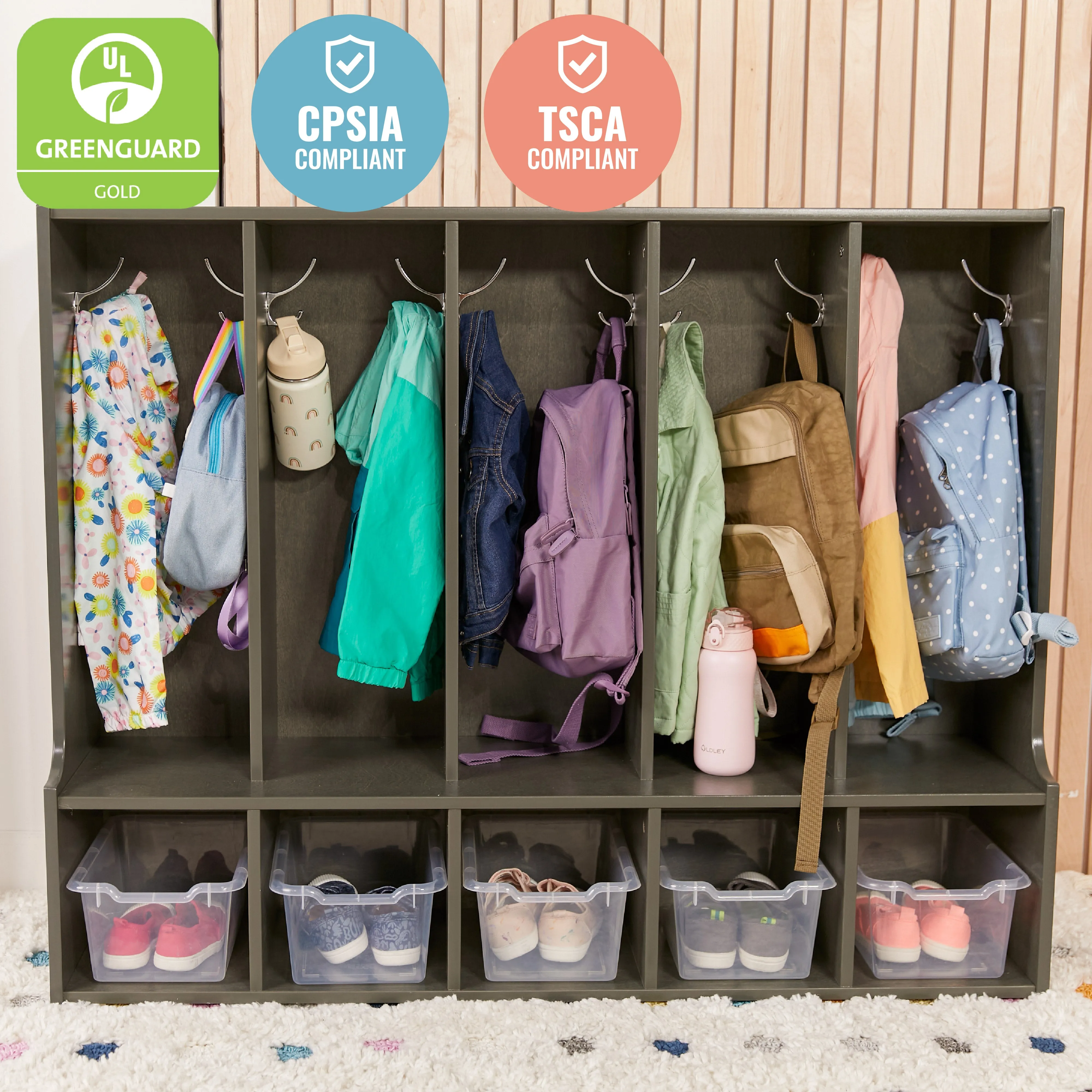 Streamline 5-Section Coat Locker with Bench and Scoop Front Storage Bins, Toddler Size, Grey Wash