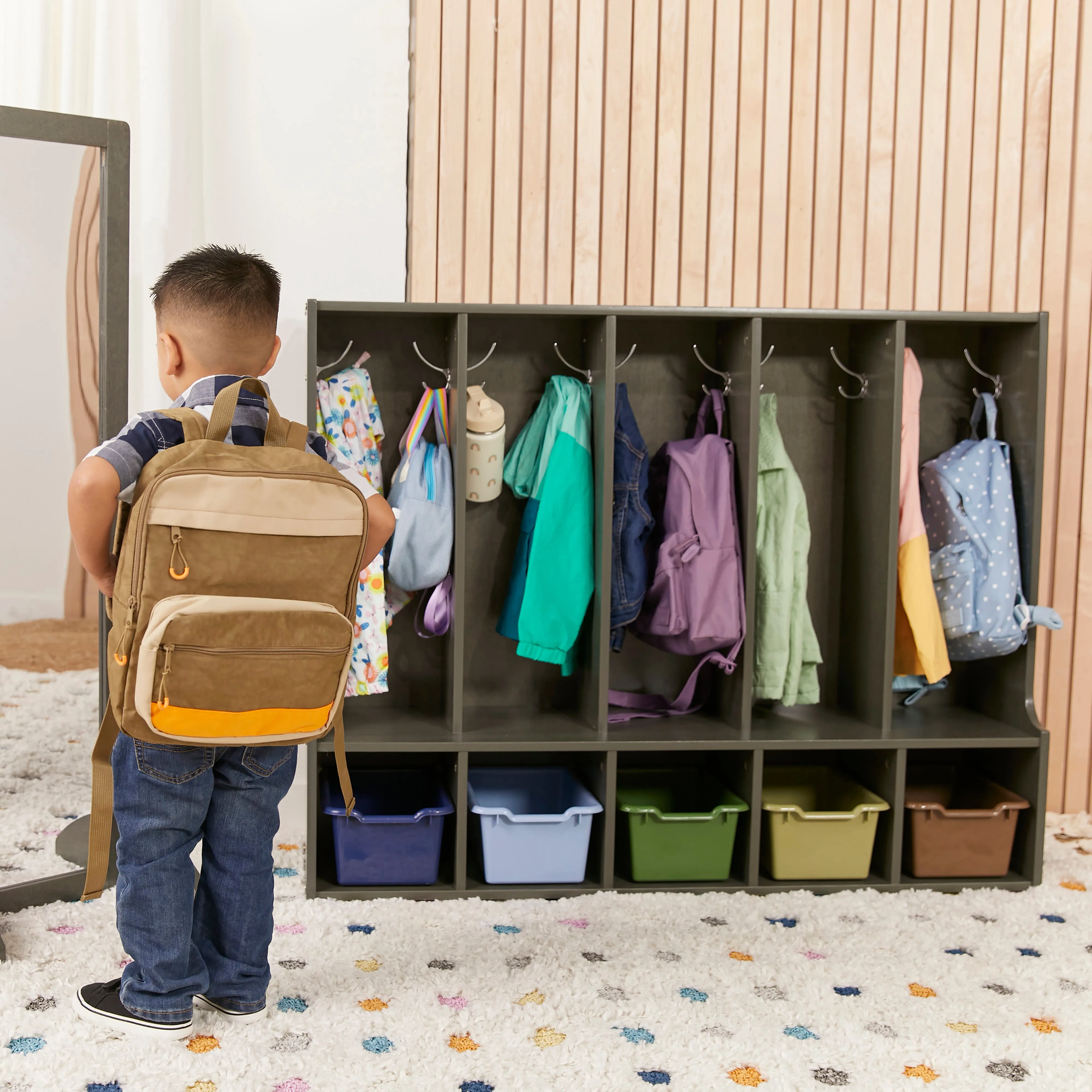 Streamline 5-Section Coat Locker with Bench and Scoop Front Storage Bins, Toddler Size, Grey Wash