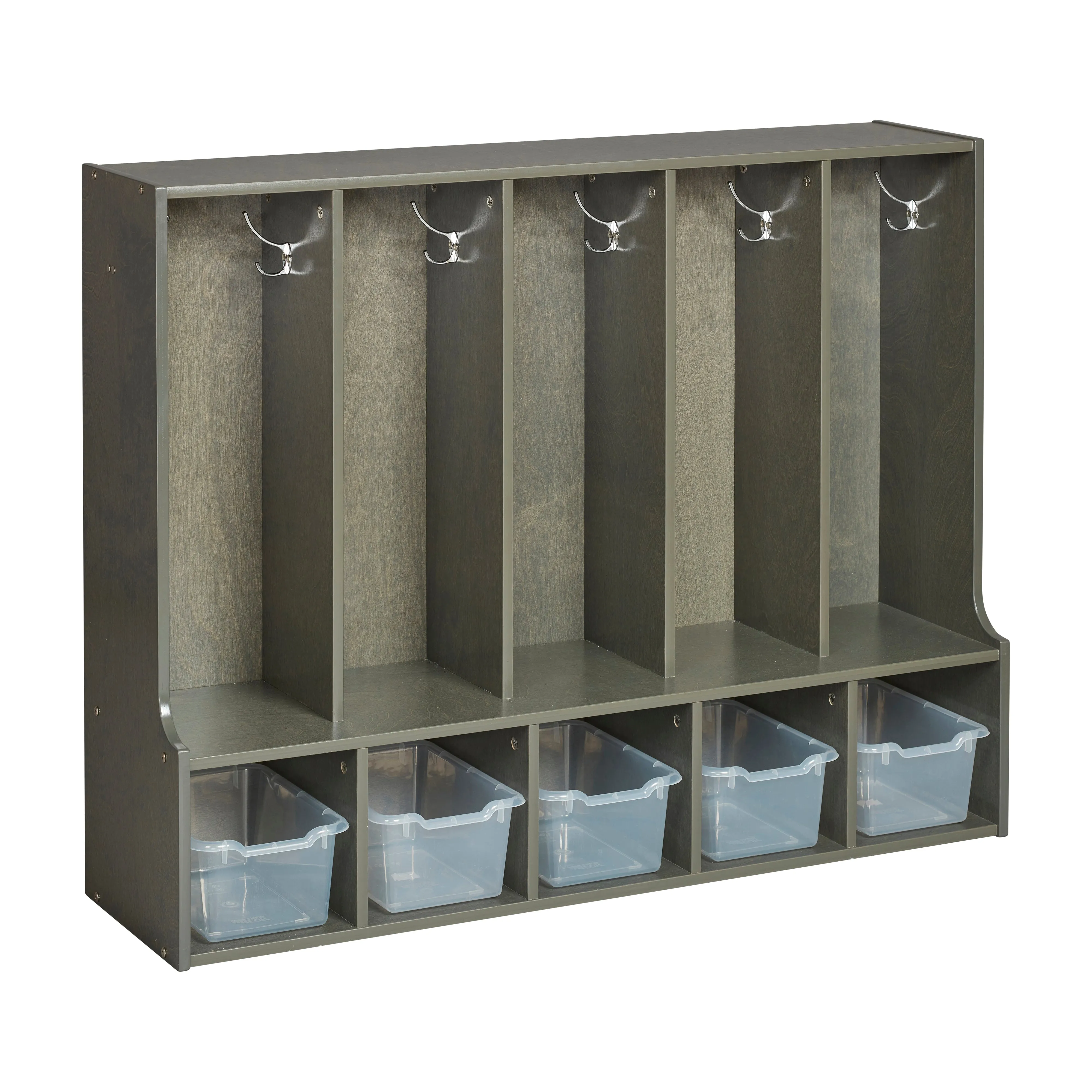 Streamline 5-Section Coat Locker with Bench and Scoop Front Storage Bins, Toddler Size, Grey Wash