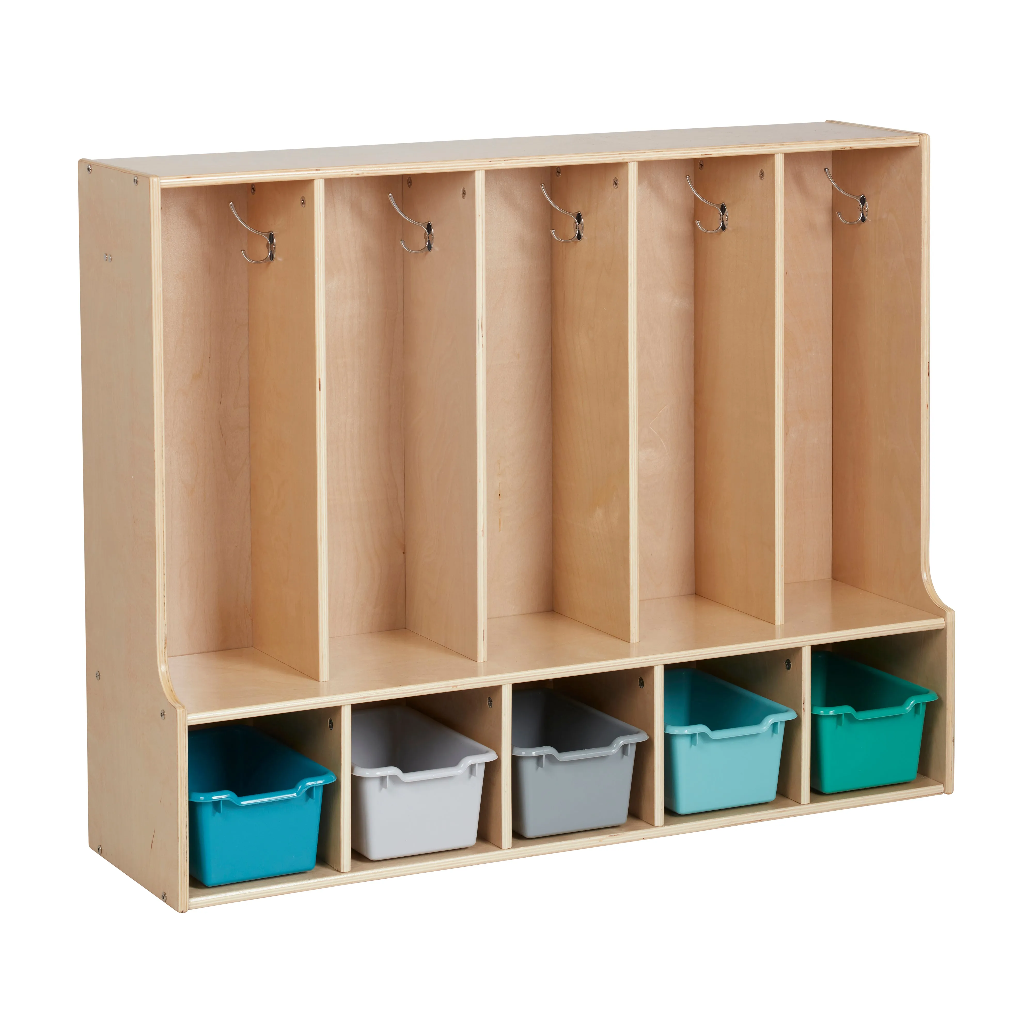 Streamline 5-Section Coat Locker with Bench and Scoop Front Storage Bins, Toddler Size, Natural