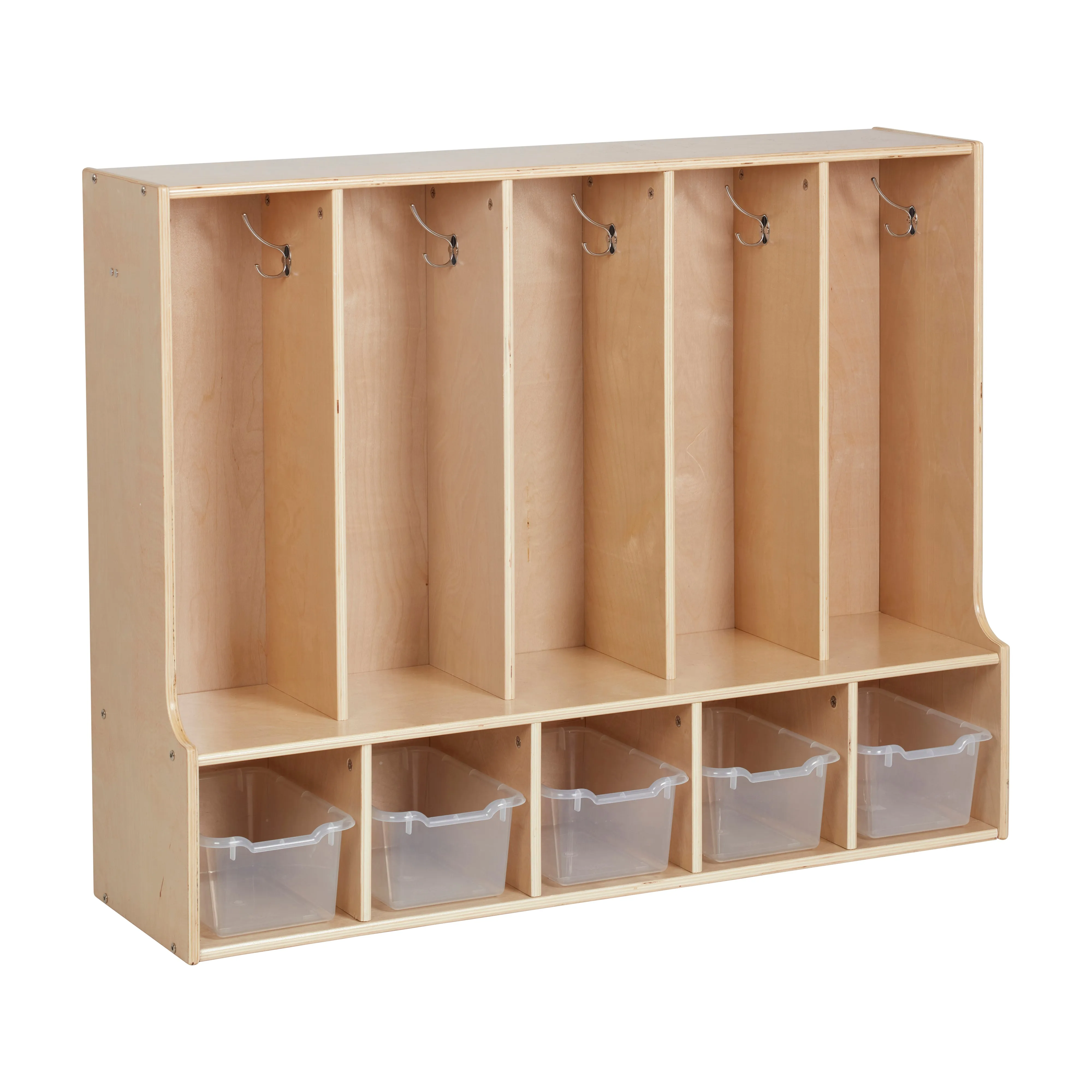 Streamline 5-Section Coat Locker with Bench and Scoop Front Storage Bins, Toddler Size, Natural