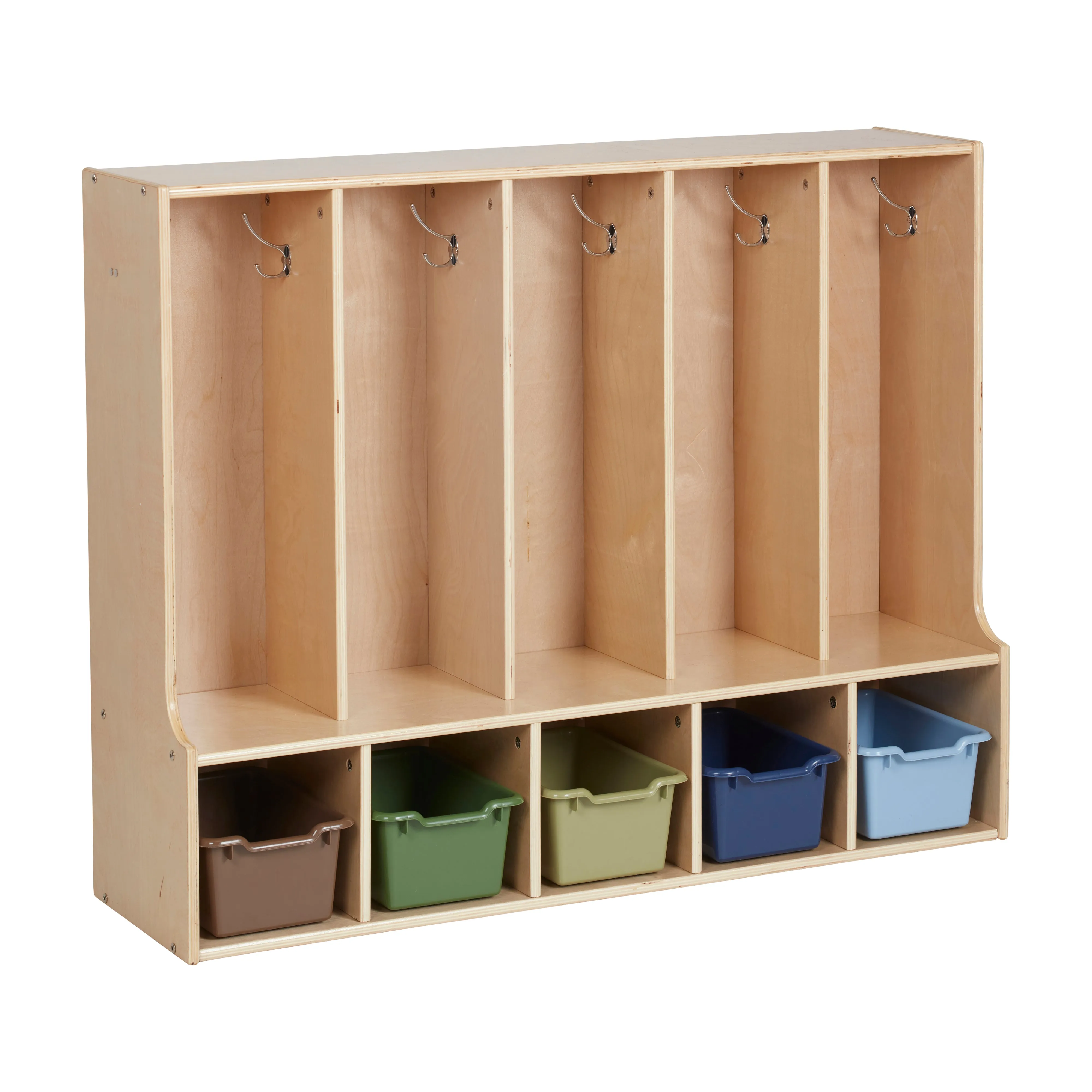 Streamline 5-Section Coat Locker with Bench and Scoop Front Storage Bins, Toddler Size, Natural