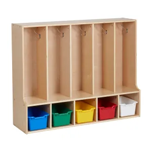 Streamline 5-Section Coat Locker with Bench and Scoop Front Storage Bins, Toddler Size, Natural