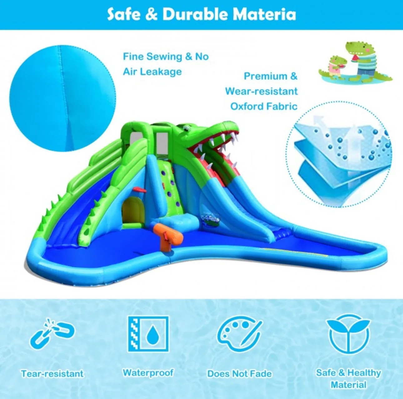 Super Fun Giant Crocodile Bouncy House Water Park With Water Slide | Climbing Wall | 7-in-1 | Splash Pool | Hours Of Fun All Summer Long | W 780W Blower