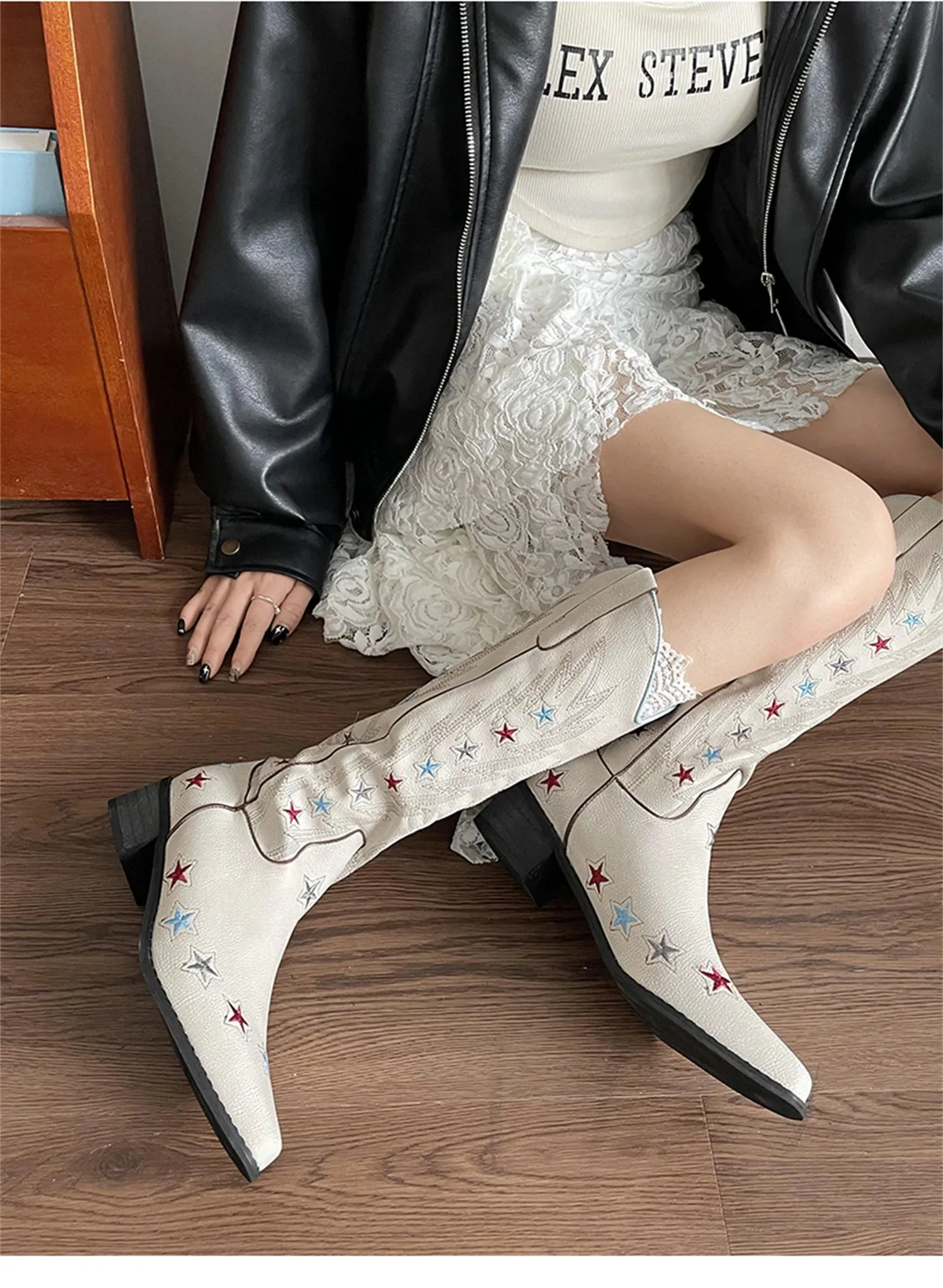 TAVIMART  -  Big Size 42 Embroidery Star Beige Western Cowboy Boots With Chunky Heels Pointed Toe Western Cowgirl Boots Knee High Boots Shoes