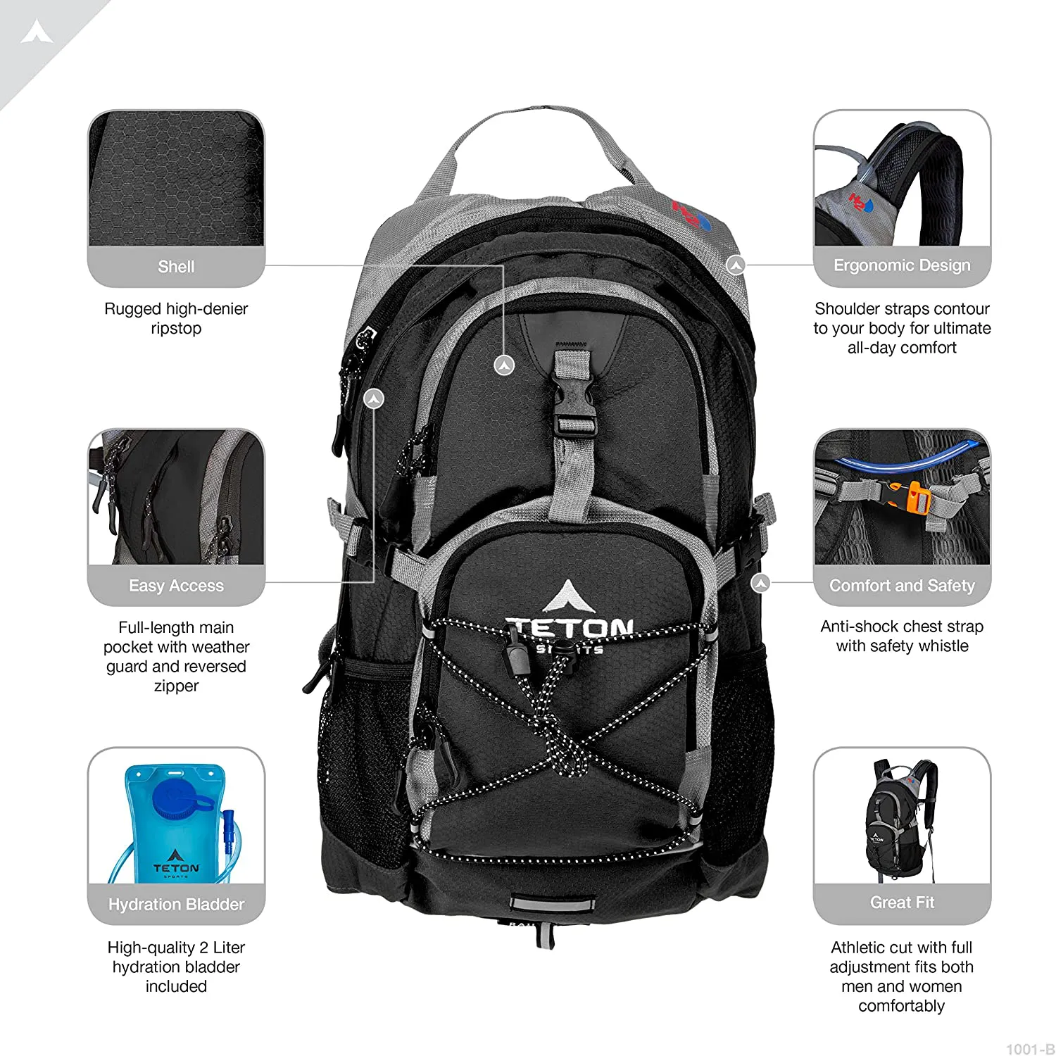 TETON Sports Oasis 1100 Hydration Pack; Free 2-Liter Hydration Bladder; For Backpacking, Hiking, Running, Cycling, and Climbing; Black