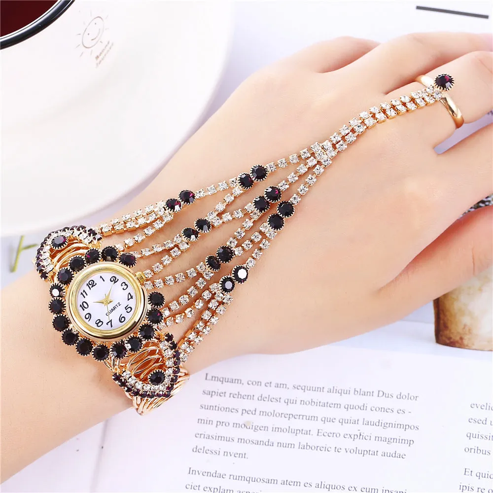 Trendy Women's Diamond Claw Chain Ring Set Watch