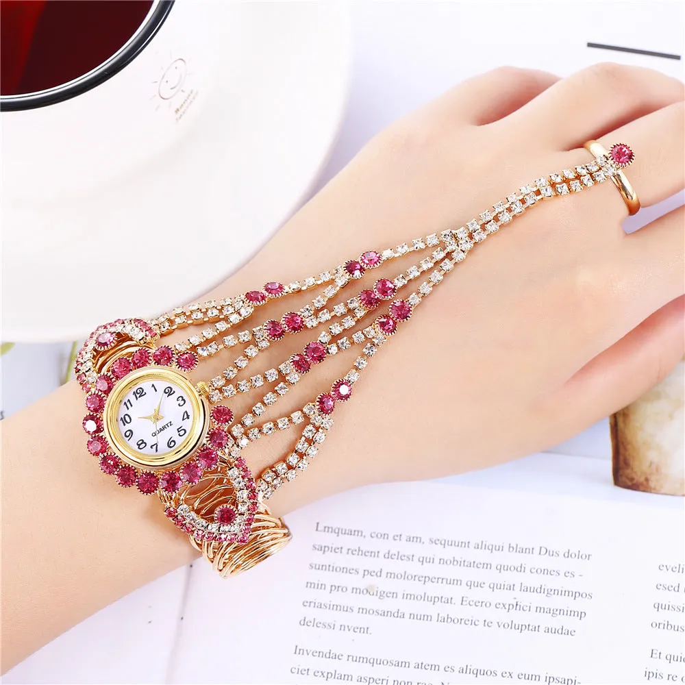 Trendy Women's Diamond Claw Chain Ring Set Watch