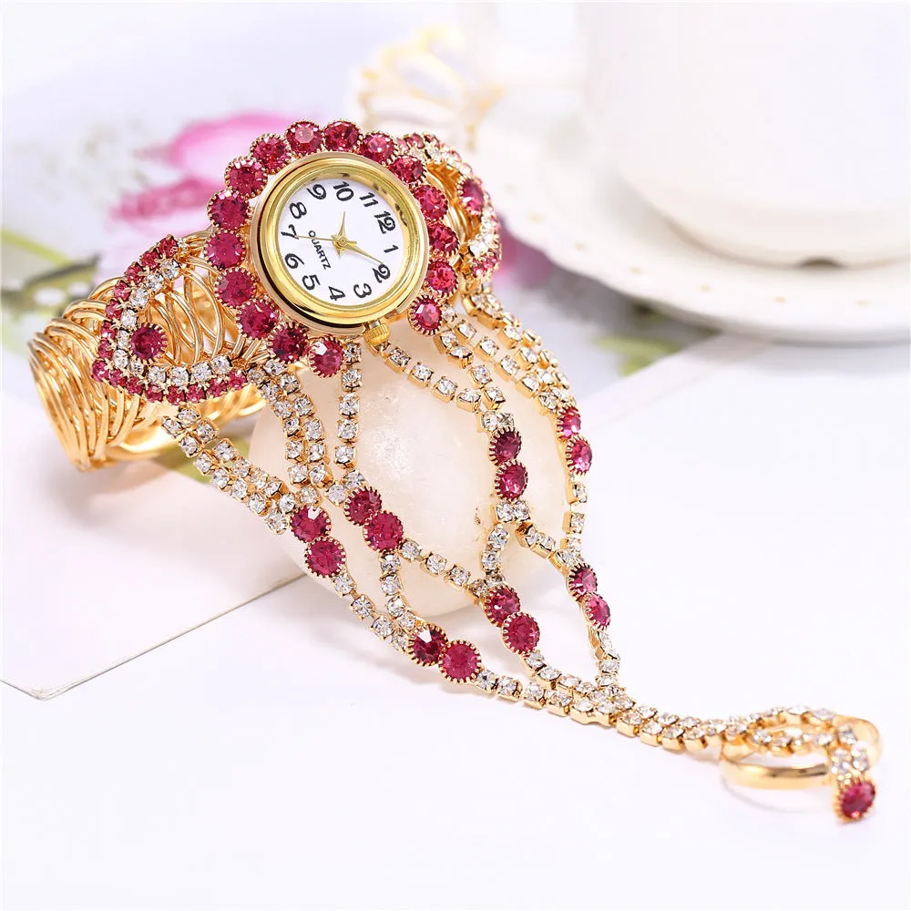 Trendy Women's Diamond Claw Chain Ring Set Watch