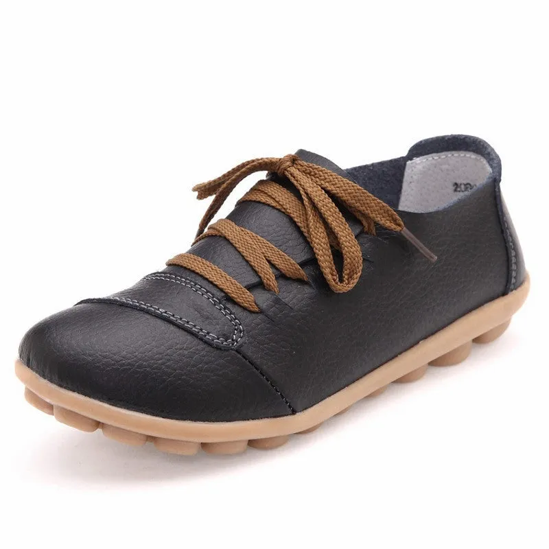 Women Genuine Leather Shoes Woman Hand Made Casual Shoes Fashion Lace up Round Toe Women Flats Soft Mother Shoes