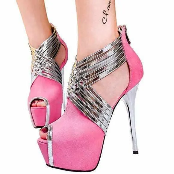 Women's Pink & Silver Cross Strap Peep Toe Ankle Boots